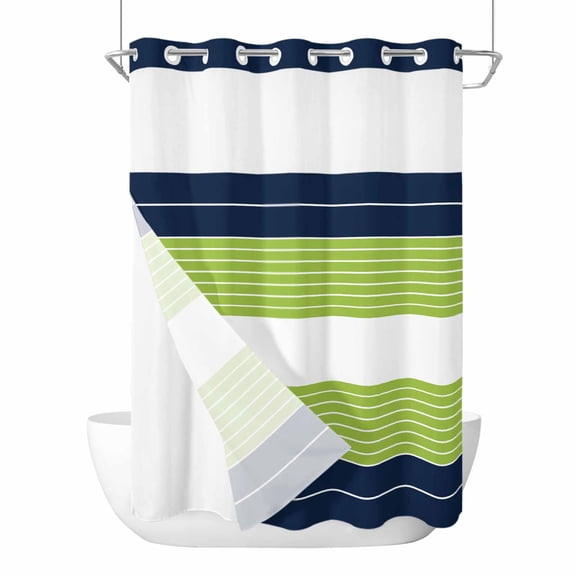 No Hook Shower Curtains with Snap-in Liner Set, Navy Blue Green Stripe Waterproof Hotel Style Bathroom Shower Curtain, Modern Art Horizontal Striped Breathable Mesh Top Window Bath Curtains 72''x84''