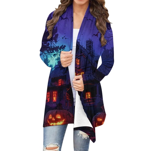 Cárdigan de manga larga para mujer, moda informal, blusa estampada de Halloween, abrigo para mujer