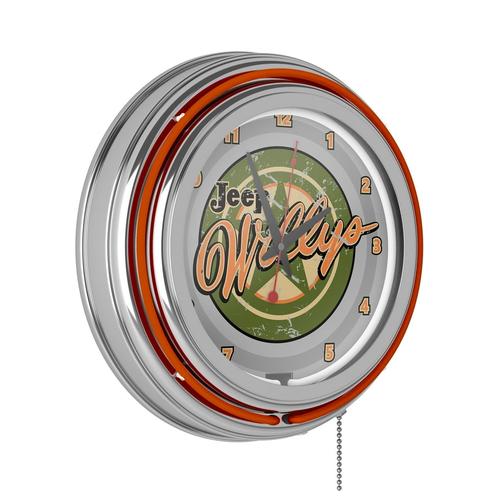 Neon Wall ClockJeep Willys Vintage Double Rung Analog Clock with Pull ChainPub, Garage, or Man