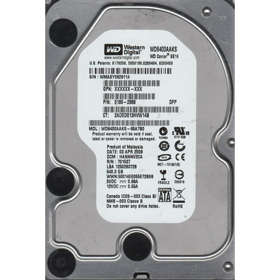 WD6400AAKS-65A7B0, DCM HANNNV2CA, Western Digital 640GB SATA 3.5 Hard Drive