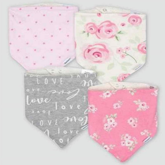 Gerber Baby Bibs Girls' 4 pack Set Floral Bandana Pink White Gray Snaps Cotton