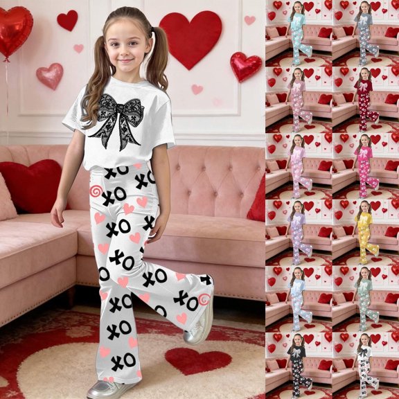 LRen Girls Valentines Day Outfit, Cute Bowknot Print 2 Piece Outfits Set Kids Valentine's Day Shirt And Bow Flare Pants Set Casual Back To School Clothing