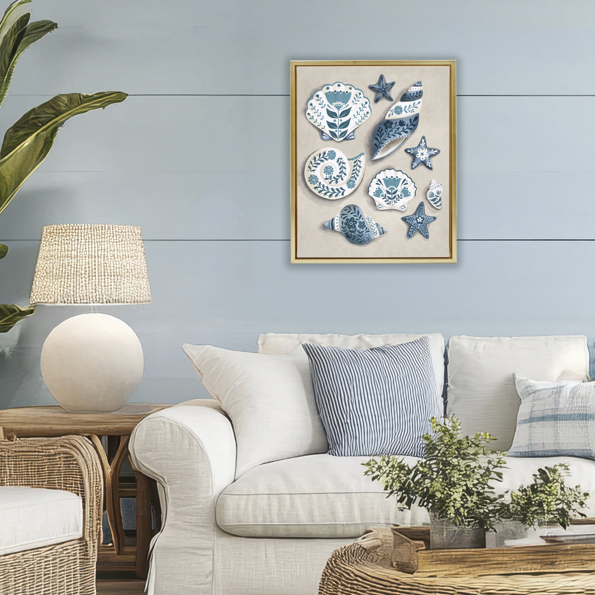 Stupell Industries Teal Nautical Floral Seashells Gold Framed Floater Canvas Wall Art, design by Penny Aguilera
