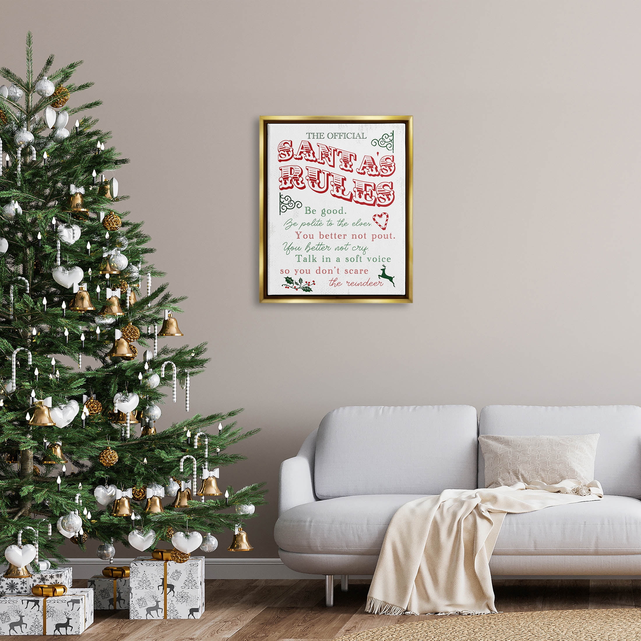 Official Santa's Rules Christmas List Holiday Graphic Art Metallic Gold Framed Art Print Wall Art