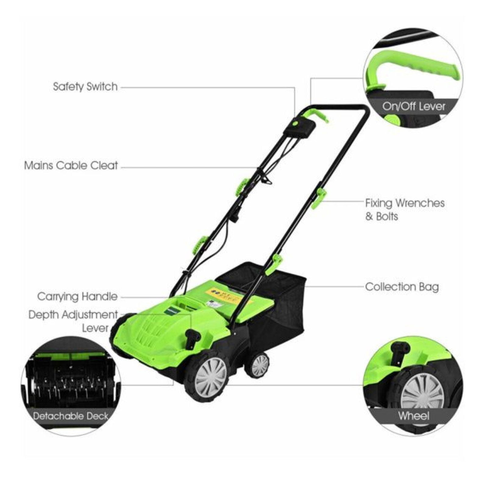 13" Electric Lawn Dethatcher w/ Collection Bag and Removable Blades -Green