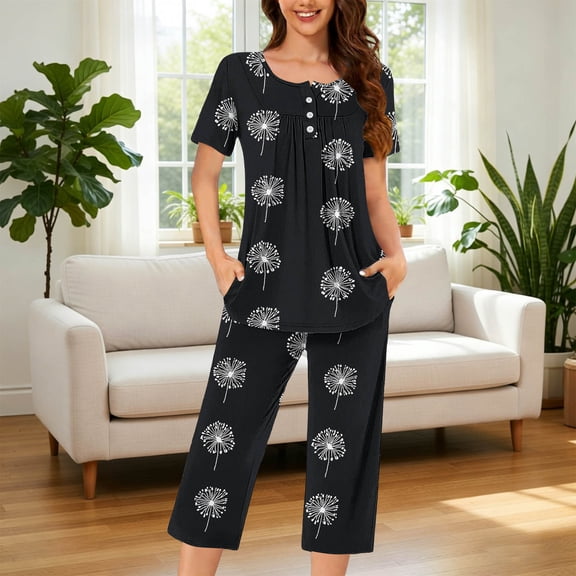 Blmnix Summer Pajamas Womens Pajamas Bamboo Pajamas Sleepwear Sets Pajama Set Short Sleeve 7/8th Crew Neck Gray Short Pajama Set for Women,L