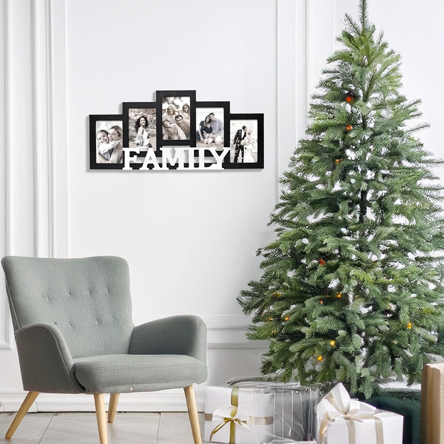 MODE HOME Wood Wall Hanging Family Picture Photo Frame Collage, 4 x 6 Photo Frames for Family Pictures Wall Decor, 5 Openings Black