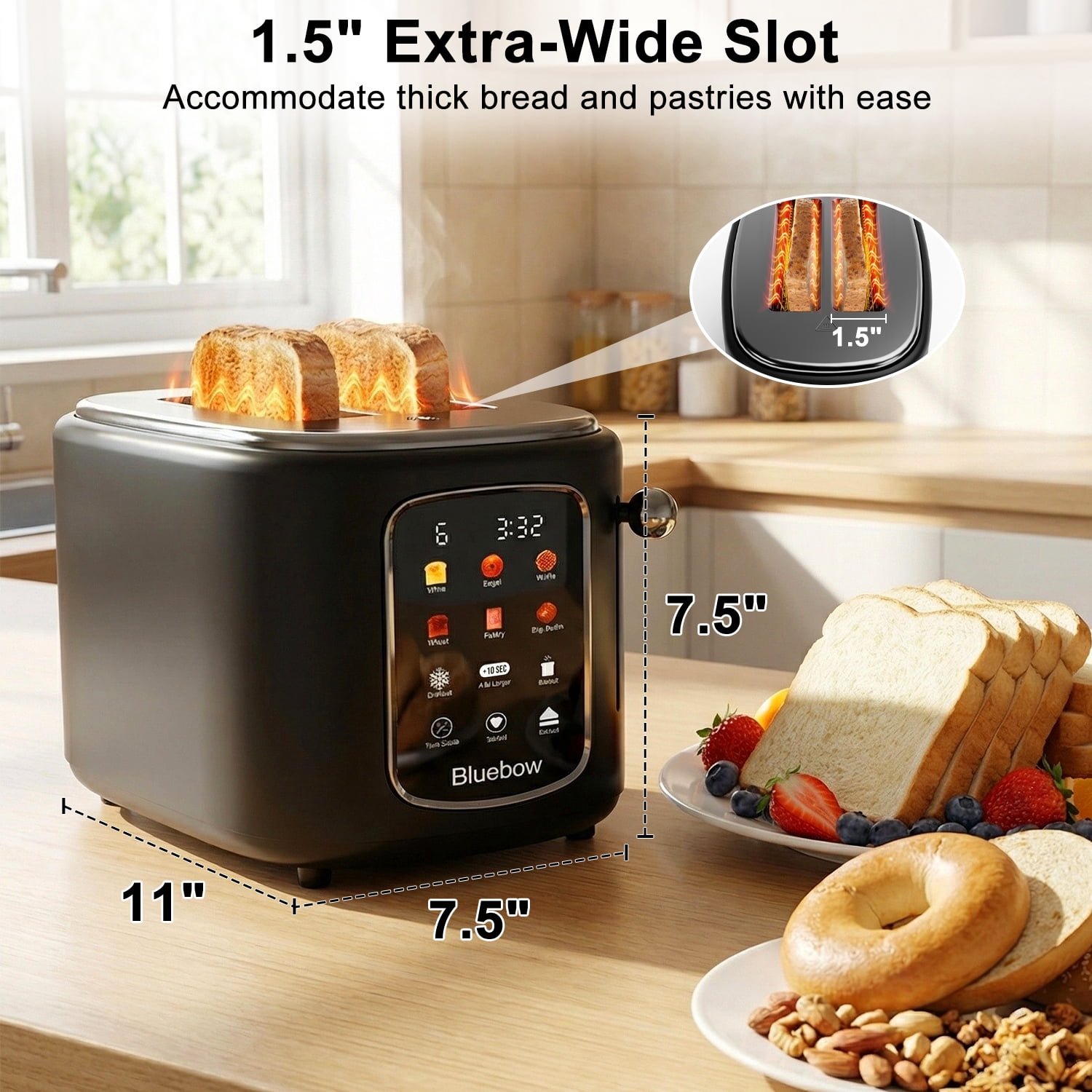 Bluebow 2-Slice Toaster, 1.5" Wide Slots, Touchscreen with 6 Bread Types & Shade Settings, Reheat, Defrost, Saved, Removable Tray, Black