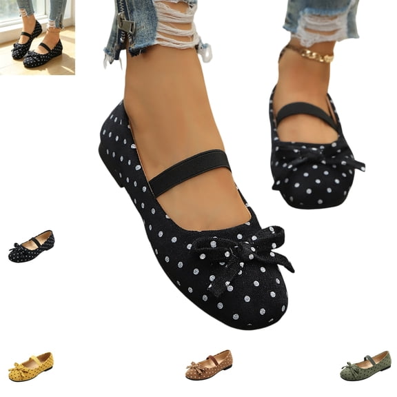 YOUYEDIAN Mary Jane Shoes Women Versatile Polka Dot Low Heel Round Toe Fashion Flats Bow Deco Slip On Comfy Dress Shoes