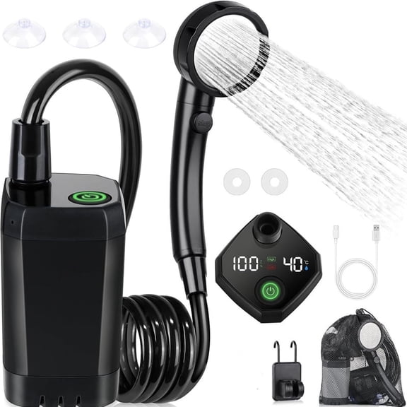 Portable Camping Shower with Heater, Long-Lasting 6000mAh Rechargeable Camping Shower with Sprayer Head,4 Spray Modes,IPX7 Waterproof Outdoor Camp Pump for Hiking, Travel, Car, Pet