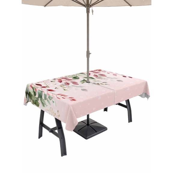 Outdoor Tablecloth with Umbrella Hole and Zipper, Pink Valentine's Day Rectangle Table Cloth 60x102 Inch Waterproof Tablecloth, Roses Romantic Art Spring Floral Picnic Table Cover for Patio Camping