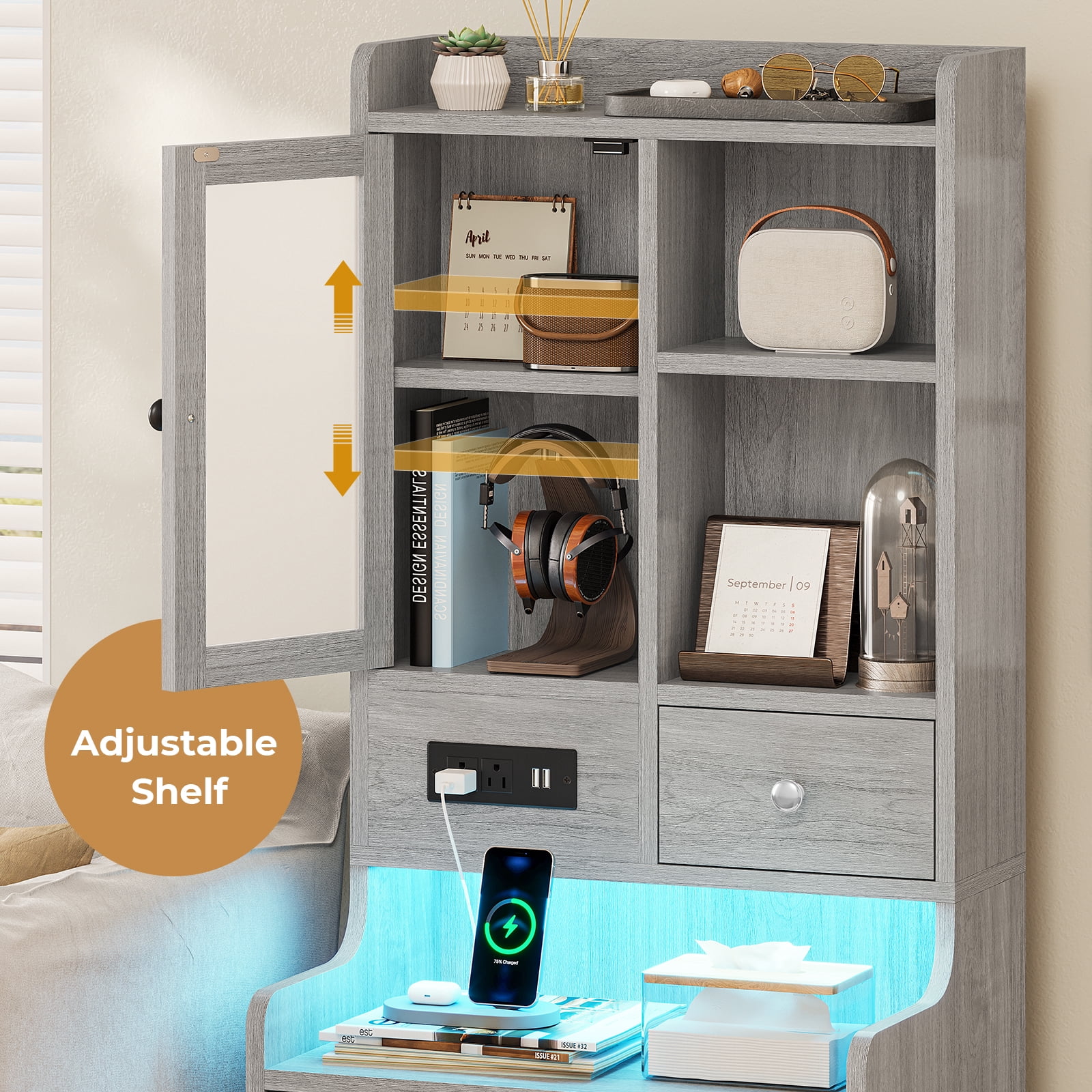 Afuhokles Tall Nightstand Set of 2 with Charging Station for Bedroom, Bedside Table with 4 Drawers, LED Night Stand with Bookshelf, Gray