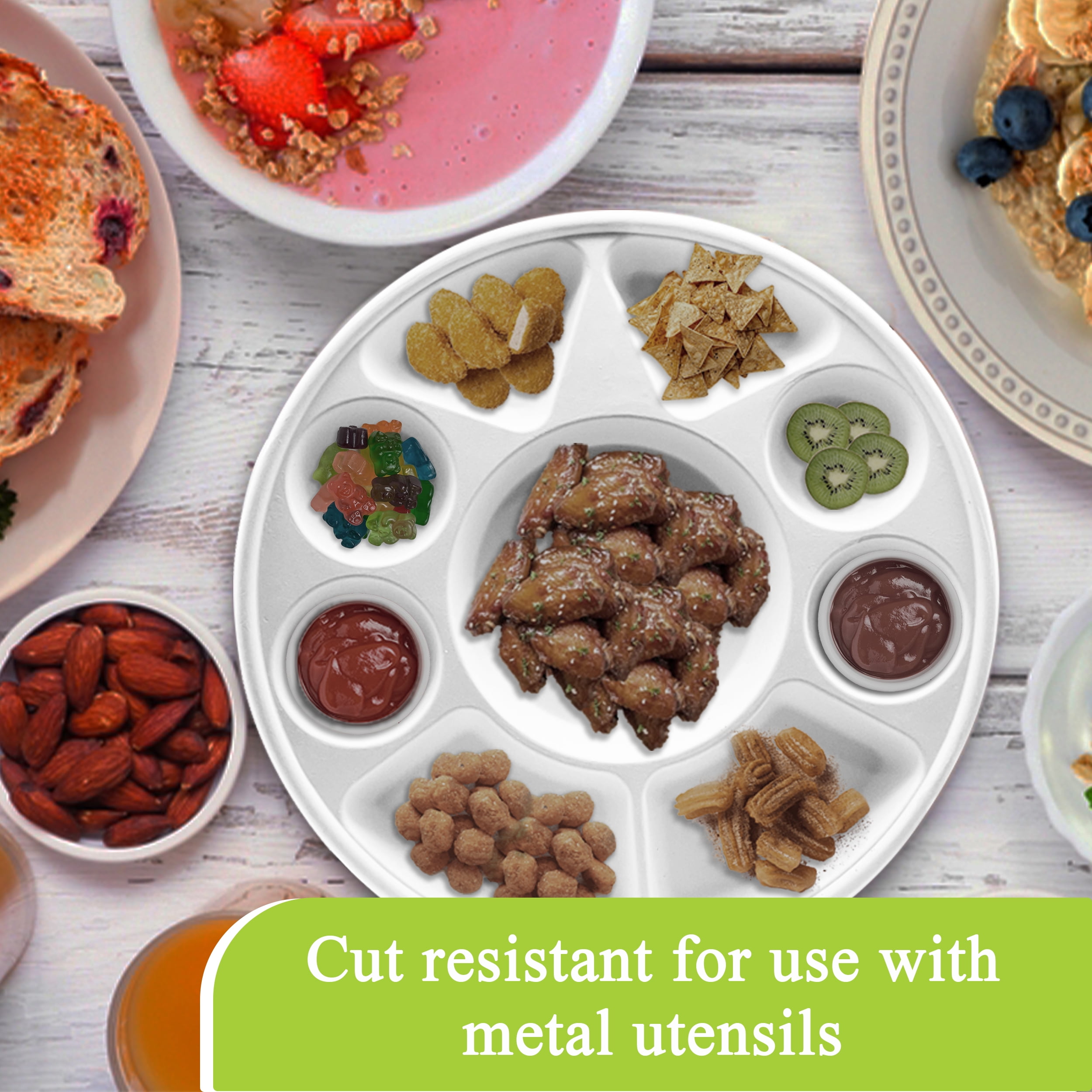 Three Leaf 9 Compartment Bagasse Round Plate, 200 Ct, Biodegradable Disposable Dinner Plates with Sections