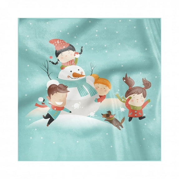 Winter Decorative Satin Napkins Set of 4, Cartoon of Kids with Dog Having Fun Playing Snowball Fight Snowman Happiness Print, Square Fabric Party & Dinner Napkin, 18", Multicolor, by Ambesonne