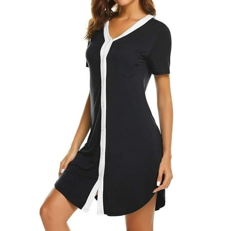 

Clearance Sale!Women Nightgown Short Sleeve V Neck Sleep Nightshirt Button down Pajama Dress Casual Nightdress Black XL