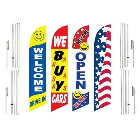 4 Swooper Flags With 4 Pole Kits Welcome Drive In We Buy Cars Open Patriotic