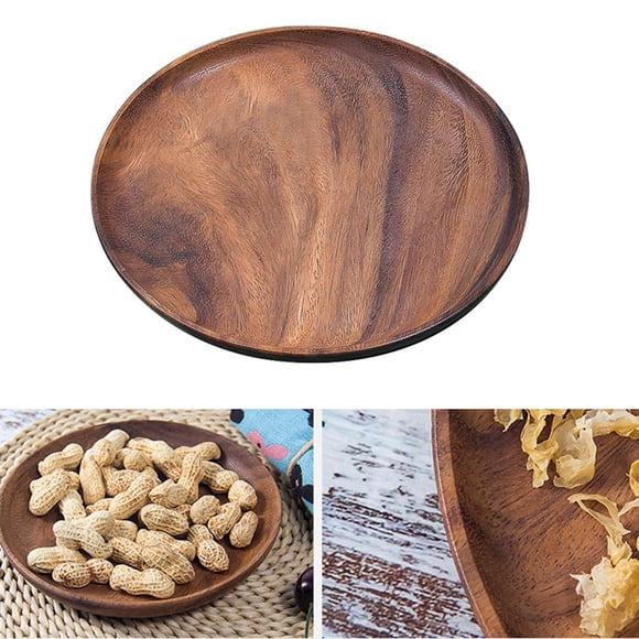 4X Round Solid Wood Board Whole Wood Fruit Plate Wooden Saucer Tea Plate Dessert Dinner Breakfast Plate