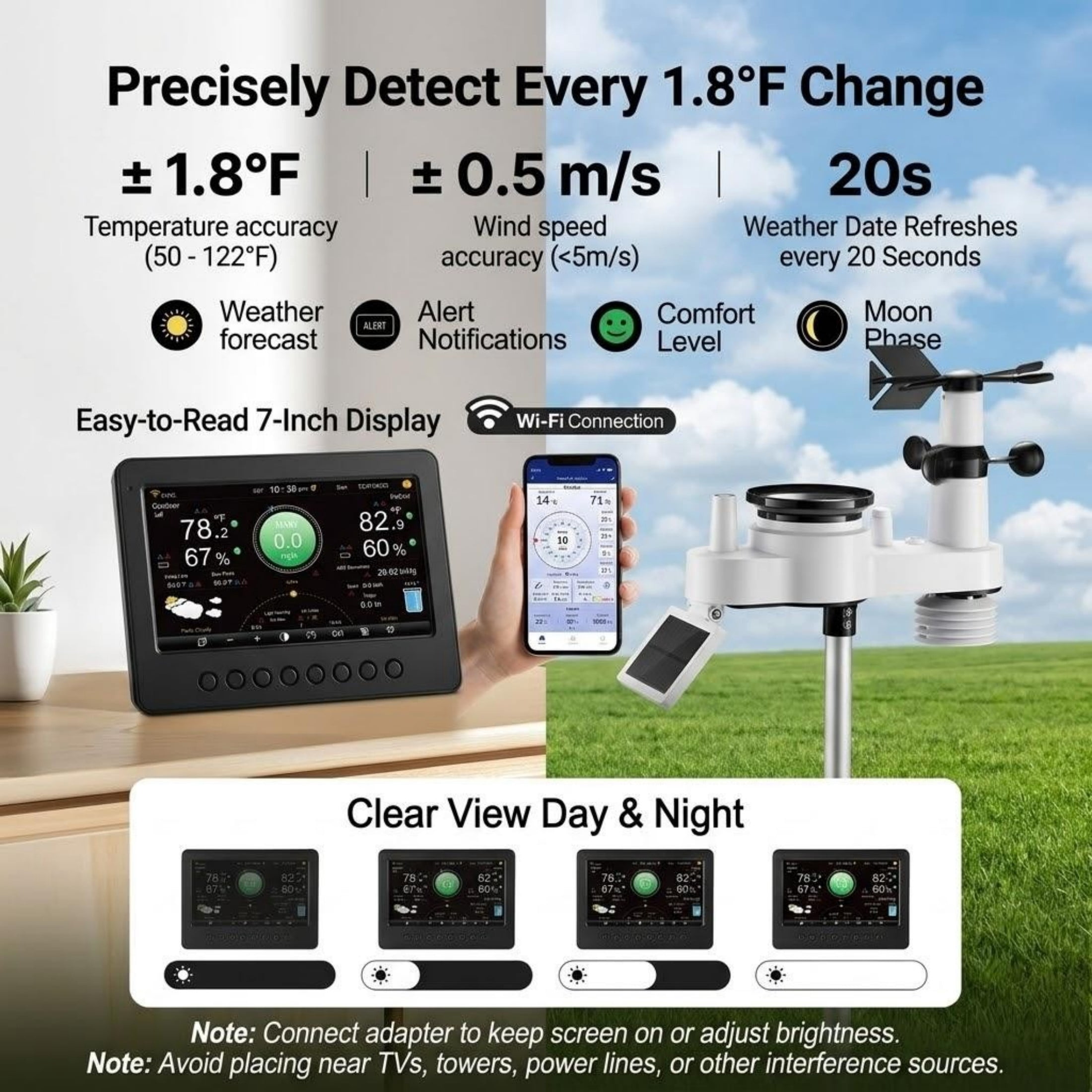 7-in-1 Wi-Fi Weather Station, 7" TFT Display, Wireless Solar Powered Outdoor Sensor with Rain Gauge, for Forecast, Wind Speed, Temp, Humidity, Rainfall