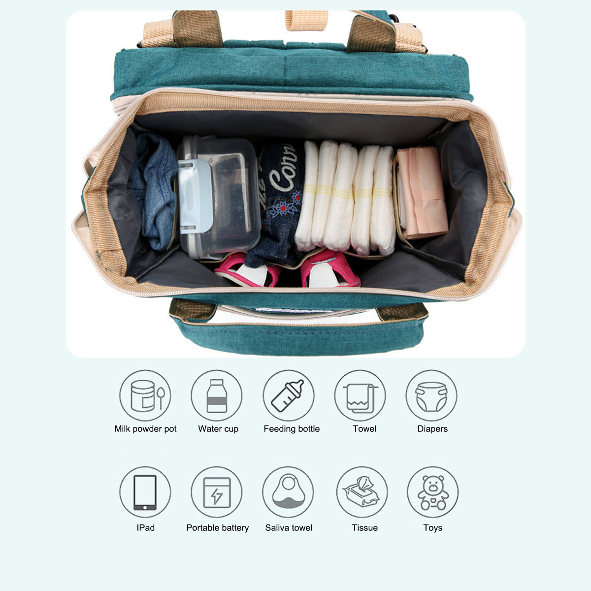 Diaper Bag Backpack, Multifunction Baby Bag with Changing Station, Foldable Crib, Insulation Milk Bottle Pocket, Waterproof Large Capacity Travel Bag with USB Charging Port, Gift for Mom Dad - image 5 of 11