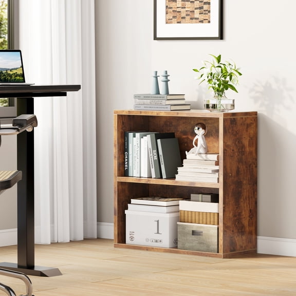 ALISENED 2 Shelf Bookcase Book Shelves Open Storage Cabinet Home Office Bedroom Furniture Small Freestanding Bookshelf, Wide Storage Organizer for Living Room, Open Display Rack for Home Office,Brown
