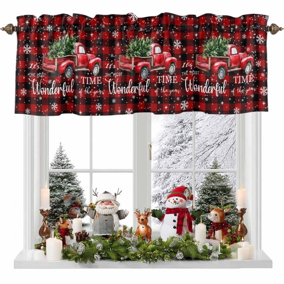 Christmas Red Truck Valances for Windows, Winter Tree Snowflake Farm Red Plaid Rod Pocket Valance Short Window Treatments Curtains for Kitchen Bathroom Bedroom Decor, 42 x 12 Inches