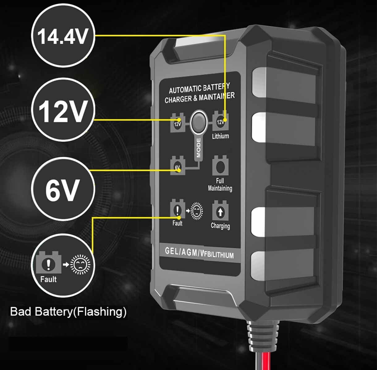 Universal AWBEEPZ1-1 Battery Charger Maintainer 1.5A 6V/12V/14.4V for Lead Acid LiFePO4 Batteries