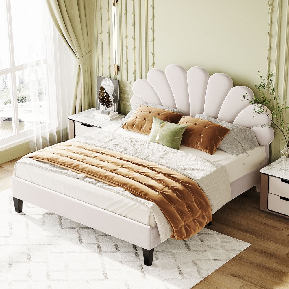 Queen Size Upholstered Platform Bed with Flower Headboard,Velvet Bed Frame for Kids Boys Girls,Beige