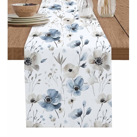 Ldtrchee Blue Grey Spring Floral Table Runner 72 Inches Watercolor Summer Botanical Bed Runner Dresser Scarves Tabletop for Indoor Outdoor Parties/Ceremony/Banquet 16 x 72
