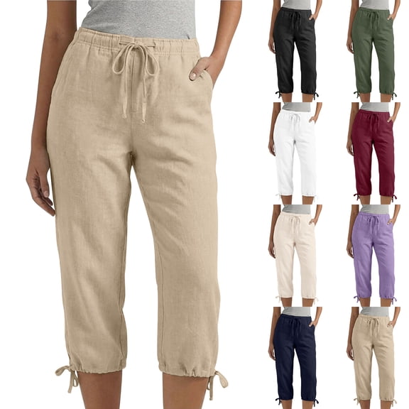Nestiefly Cotton Linen Capri Pants for Women Petite Summer Pedal Capris 2026 Elastic High Waist Wide Leg Crop Trouser with Pockets Navy XL