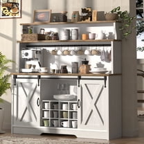 55'' Farmhouse Coffee Bar Cabinet with 3 Tier Storage Hutch, Coffee Bar Station with Sliding Barn Door, Hutch Storage Cabinet with 12 Wine Racks & 9 Hooks for Kitchen Dining Living Room