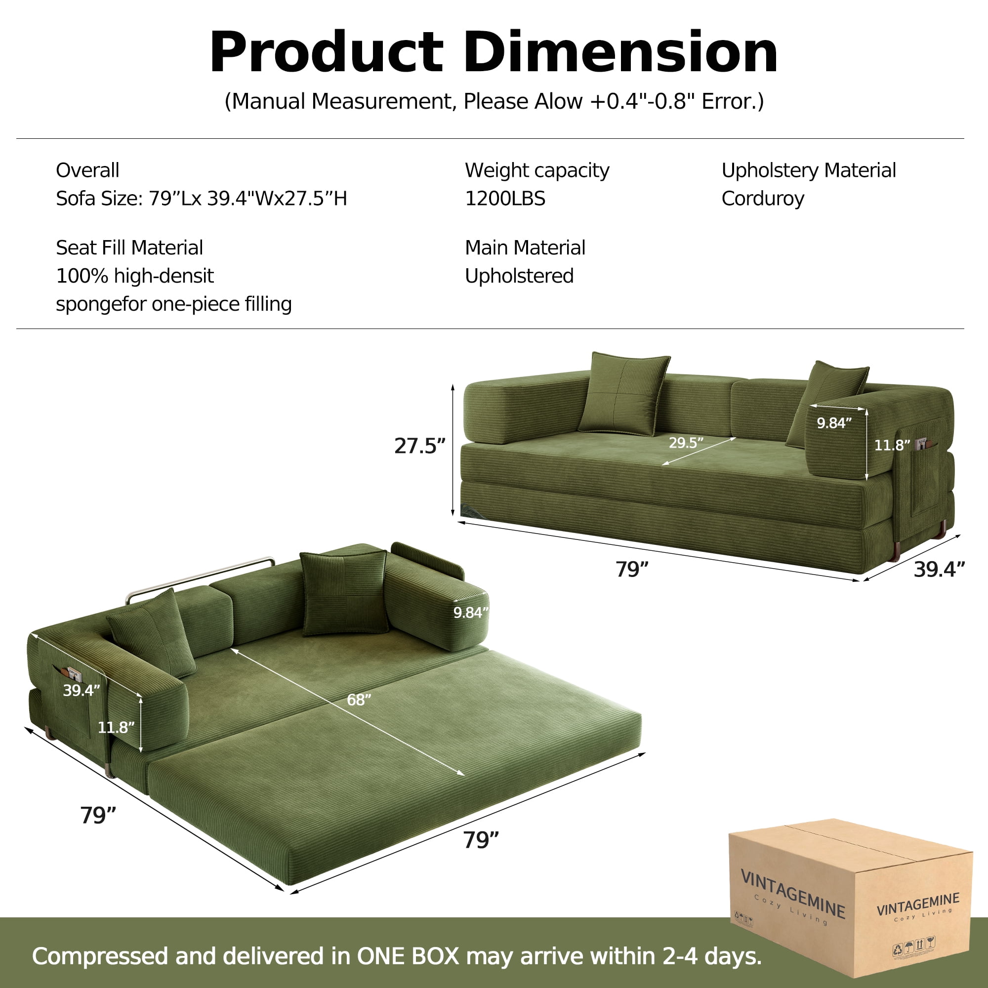 GARITIN Convertible Sleeper Sofa Bed 79 Inch, 5 in 1 Chenille Floor Sofa with High Density Foam and Side Pockets for Living Room, Green