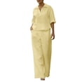 thumbnail image 3 of Pounoo Linen Sets for Women 2 Piece Collared Split Neck Cropped Top High Waist Pleated Wide Leg Pants Summer Resort Casual Matching Outfits Gift, 3 of 9
