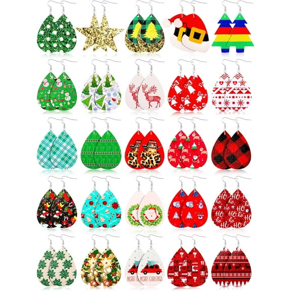 Christmas Earrings for Women Teardrop Faux Leather Dangle Earrings Set Christmas Jewelry Gift Holiday Earrings for Xmas New Year Party Decorations