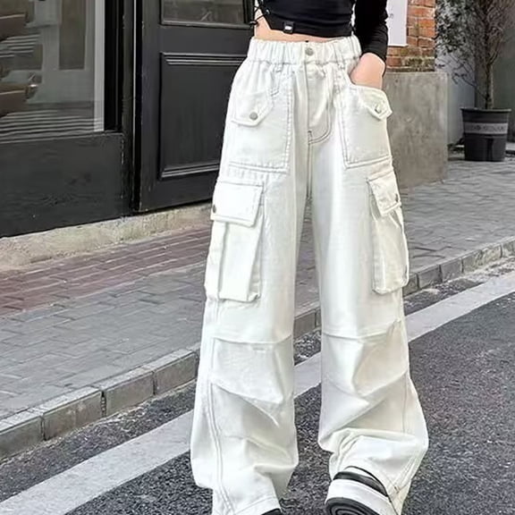 ITSAME Teen Girls Wide Leg Cargo Pants Elastic Waist Multi-Pocket Loose Fit Casual Fashion Full Length Pants White Size 10