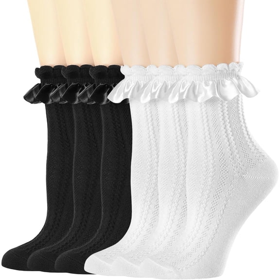 Zhengup Womens Crew Socks Lace Ruffle Frilly Cotton Cute Princess Ankle Dress Lace Socks for Girl 6 Pack