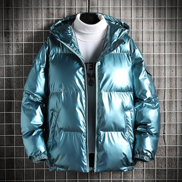 EGNMCR Jackets for Men Shiny Hooded Reflective Down Jacket Cotton Jacket