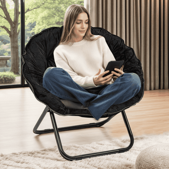 TANGJEAMER Round Folding Chair, Saucer Chair with Metal Frame, Comfy Moon Chairs for Bedroom, Living Rooms, Apartments, Garden and Courtyard (Black)