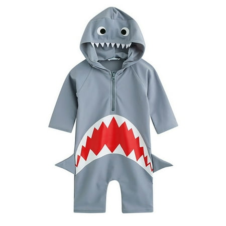 

Boys Girls Kids Swimsuit UV Cartoon Shark One-Piece Hooded Swimwear SunSuit Beach
