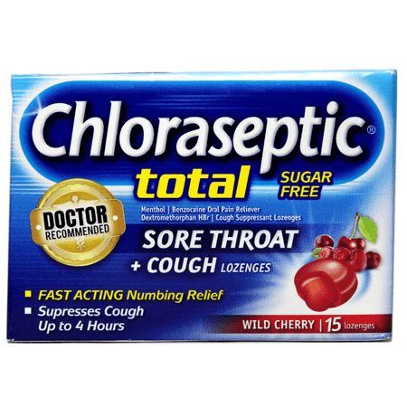 Chloraseptic Total Sore Throat and Cough Lozenges, Sugar-Free Wild Cherry Flavor, 15 Count