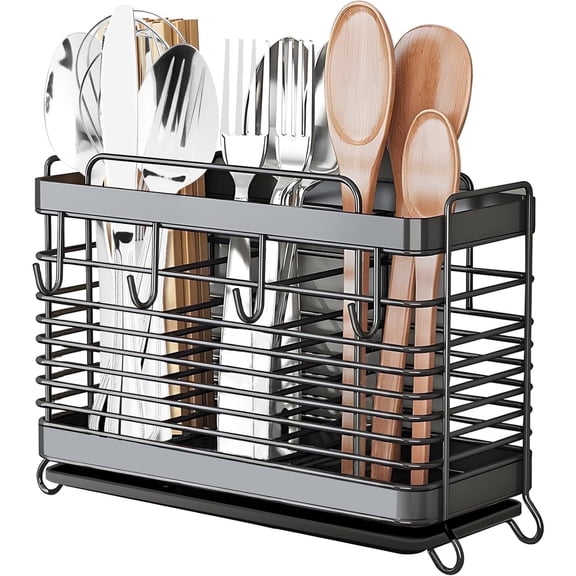 IWNTWY Utensil Holder for Kitchen Counter, Stainless Steel Silverware Holder with 3 Compartments, Utensil Drying Rack with Hooks