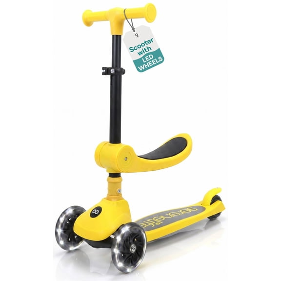 3-Wheel Foldable Kids Scooter - Child Toy Scooter with Built-in LED Wheel Lights, Foldable Seat, and Easy Maneuvering Lean-to-Steer Technology (Yellow)