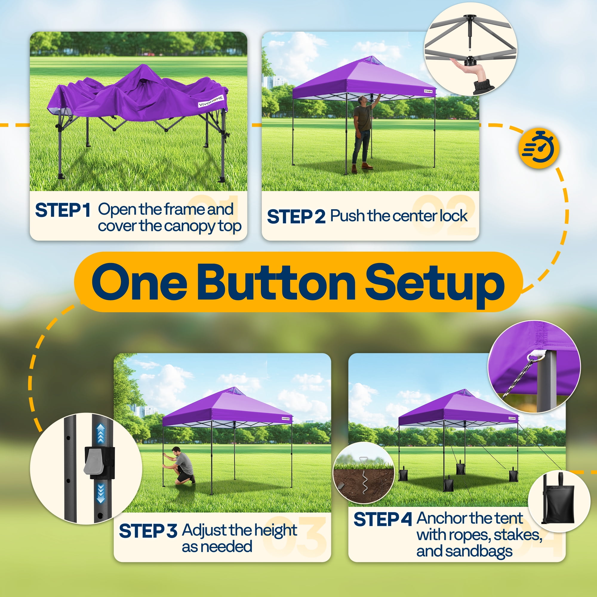 SPECSTAR 10' x10' Pop-up Canopy Tent One Push Setup Instant Tent with Center Lock, Wheel Carry Bag and 4 Sandbags for Events Parties, Purple