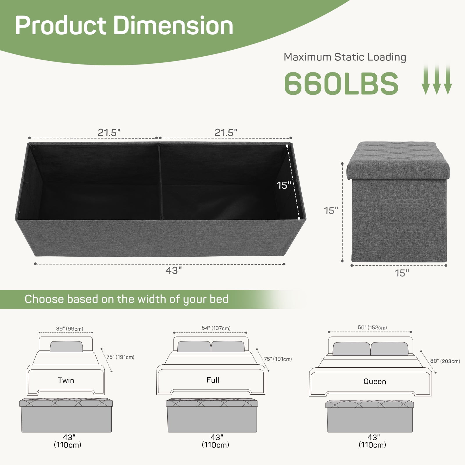 Casabay Storage Ottoman Bench, 43 Inches Foldable Storage Footrest with Padded Seat for Bedroom End of Bed, Living Room