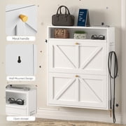 Marcree Metal Shoe Cabinets with 2 Flip Drawers, Hidden Cabinet Organizer for Shoes, Entryway Table with Shoes Storage, Wall-Mounted Shoe Cabinet for Hallway, Bedroom, Doorway, White