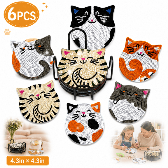 Coasters Kits - 6 Pcs Cat Design Diamond Art Coasters with Holder, DIY Craft Kits for Adults, Creative Coaster Art Projects