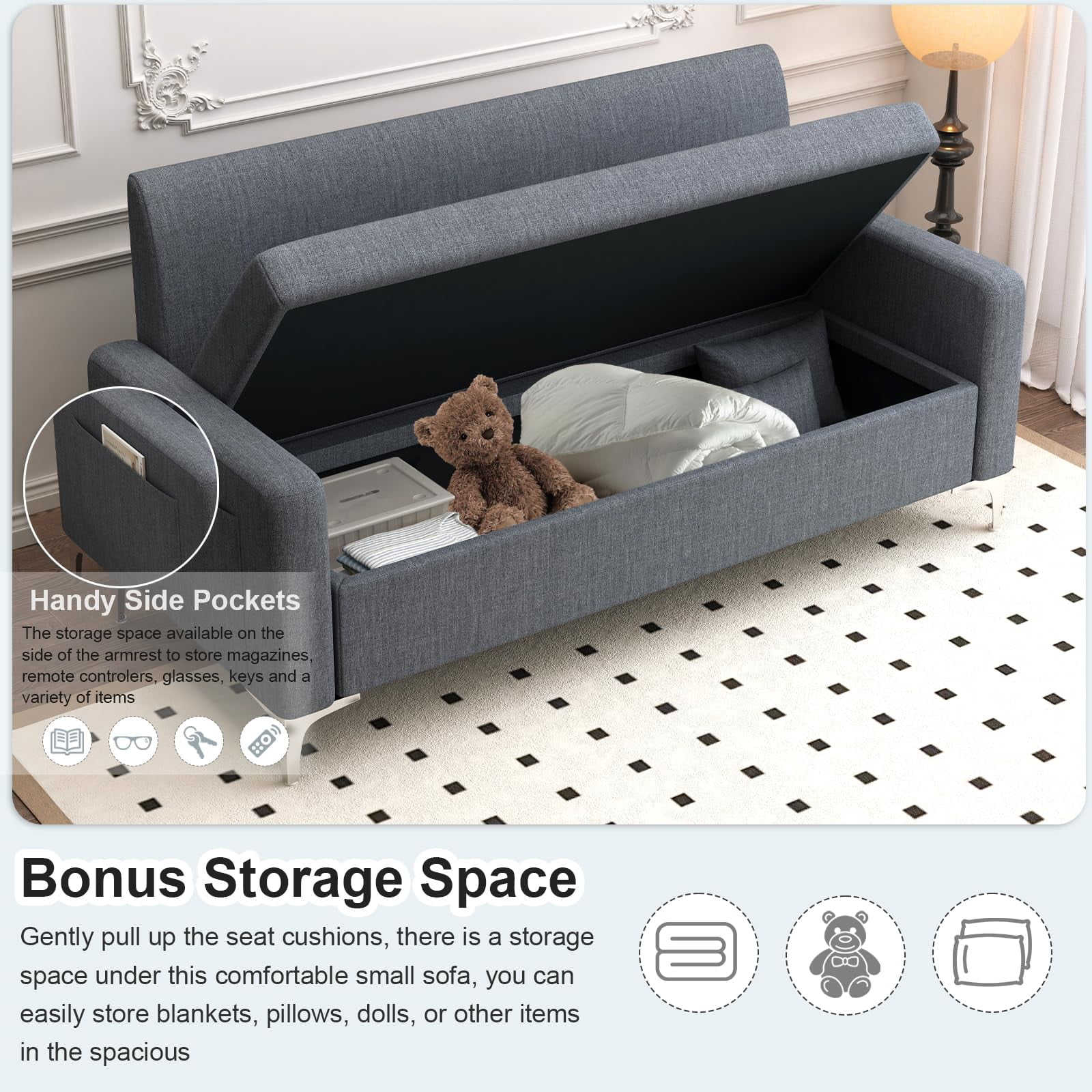 57" Multi-functional Storage Loveseat Sofa,Upholstered 2 Seat Sofa with Side Pockets for Living Room, Bedroom, Office, Small Space,Grey