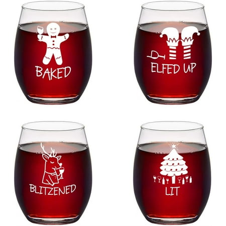 

Set of 4 Christmas Stemless Wine Glass - Funny Christmas Themed Wine Glass for Holiday Party Decorative - Unique Christmas Gifts for Family Friends Coworkers or Daily Use