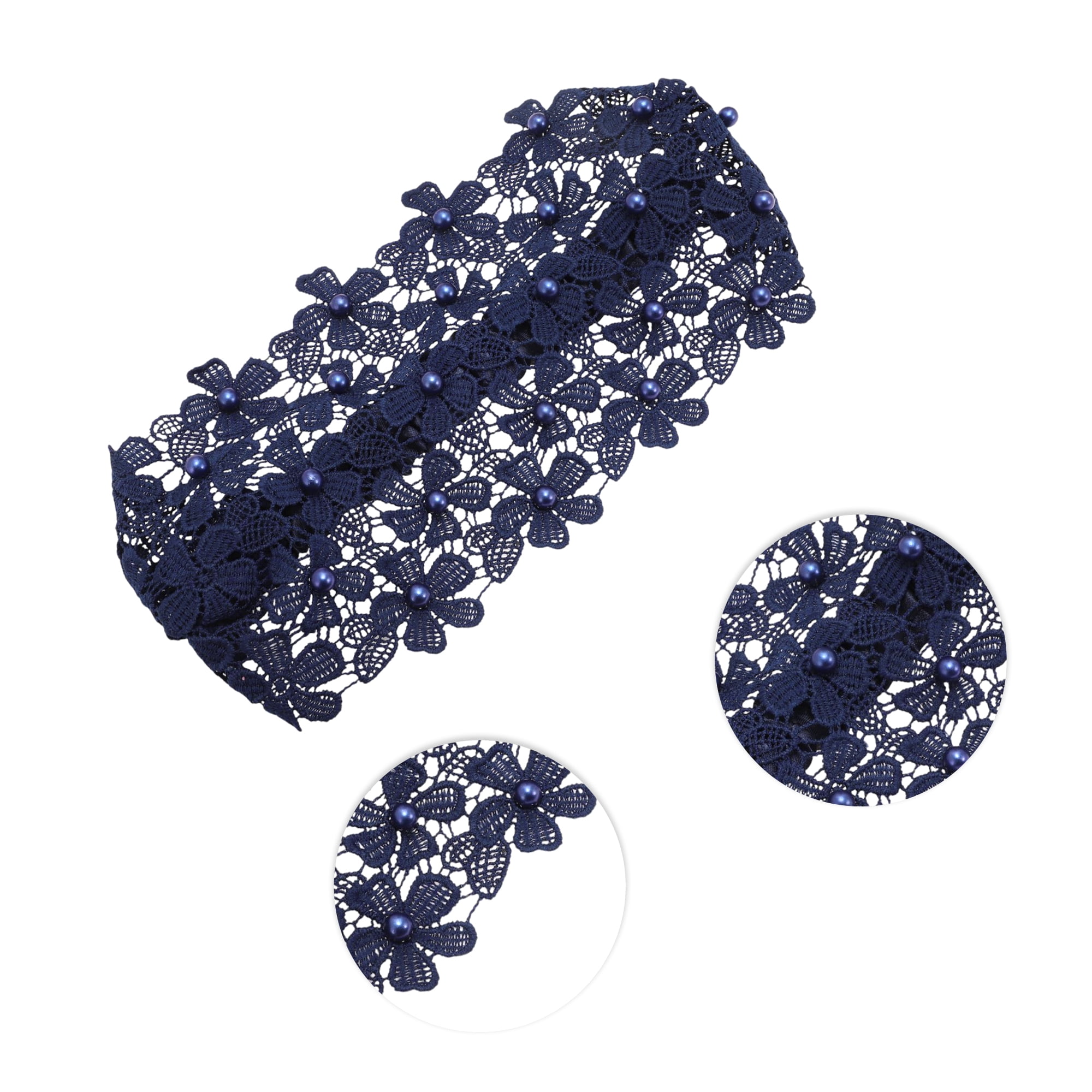 Unique Bargains 1pc Fashion Faux Pearl Floral Wide Headwrap 9.45"x5.12" Navy Blue