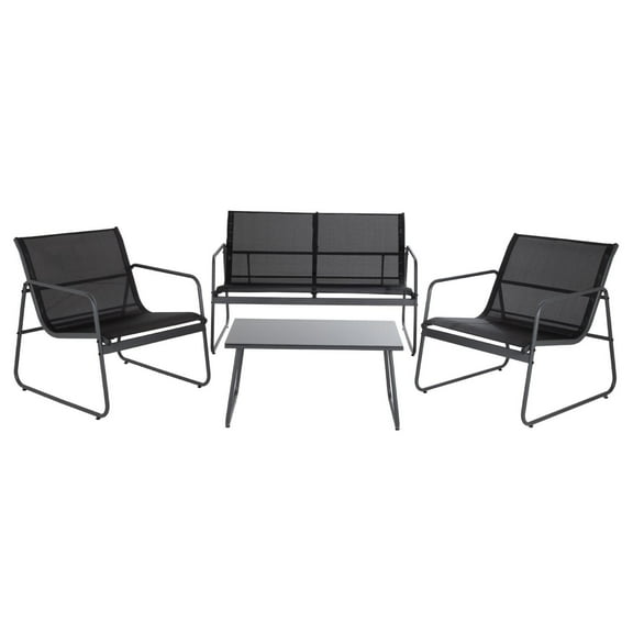 Sala Exterior Para Jardín Silver Textilene Mesa de Centro con Vidrio KingsHouse gris oscuro 4 piezas