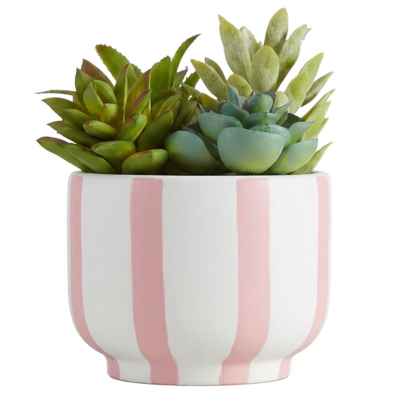 Mainstays Faux Succulent Plant in Pink and White Striped Ceramic Jar